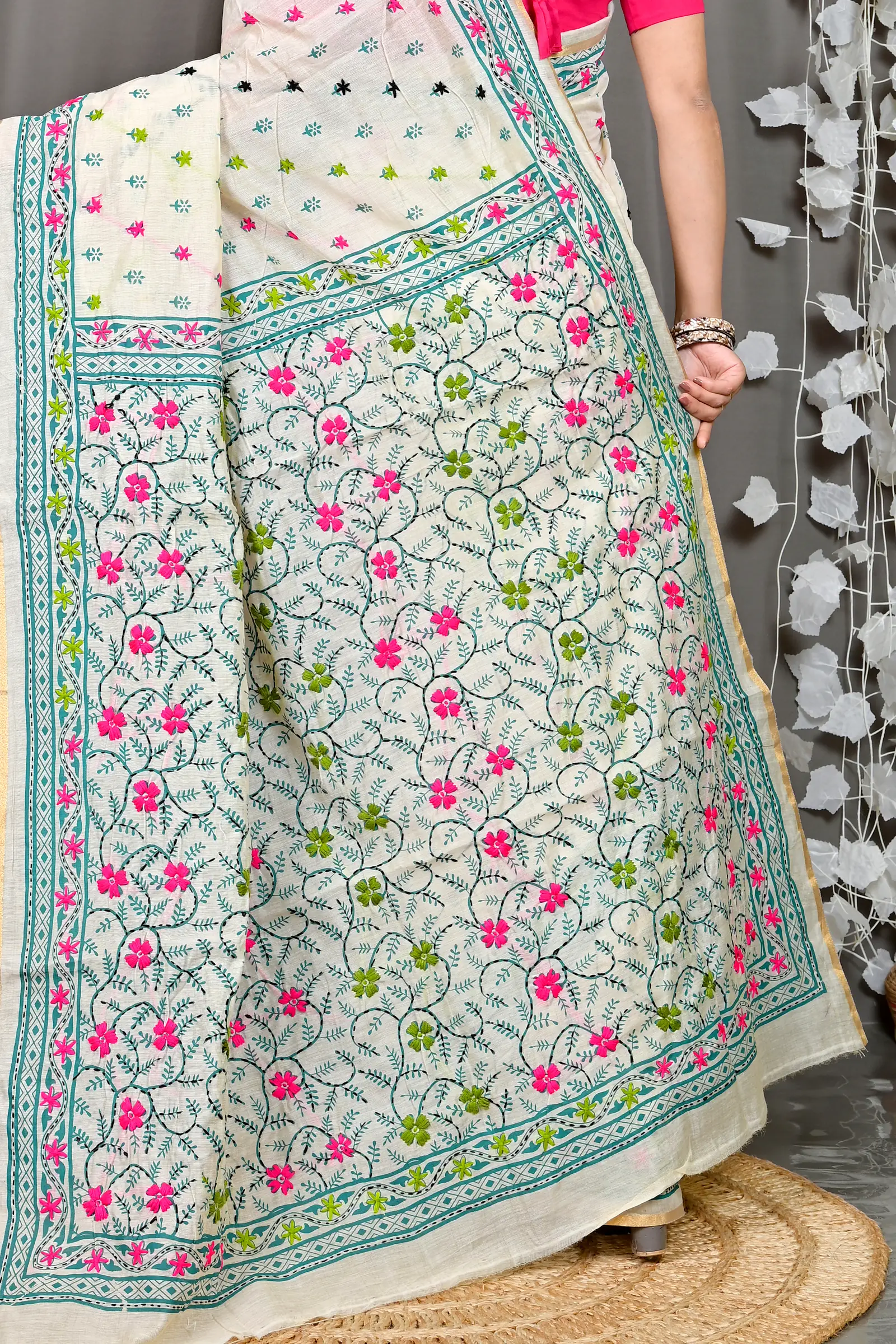 White Cotton Varitikath Kantha Stitch Saree (596)